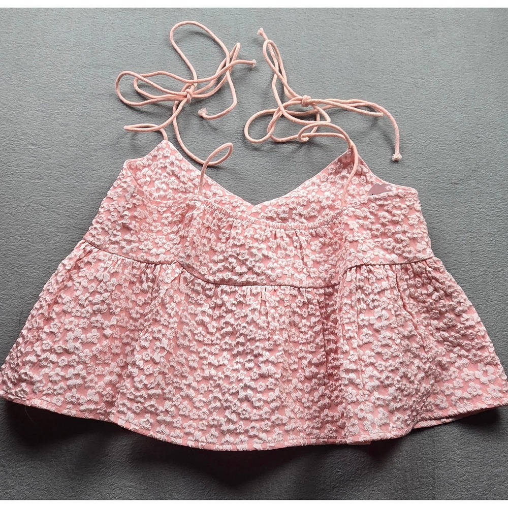 Bucket‎ List Pink Floral Jacquard Tie Strap Babydoll Cami Crop Top Large IT2474